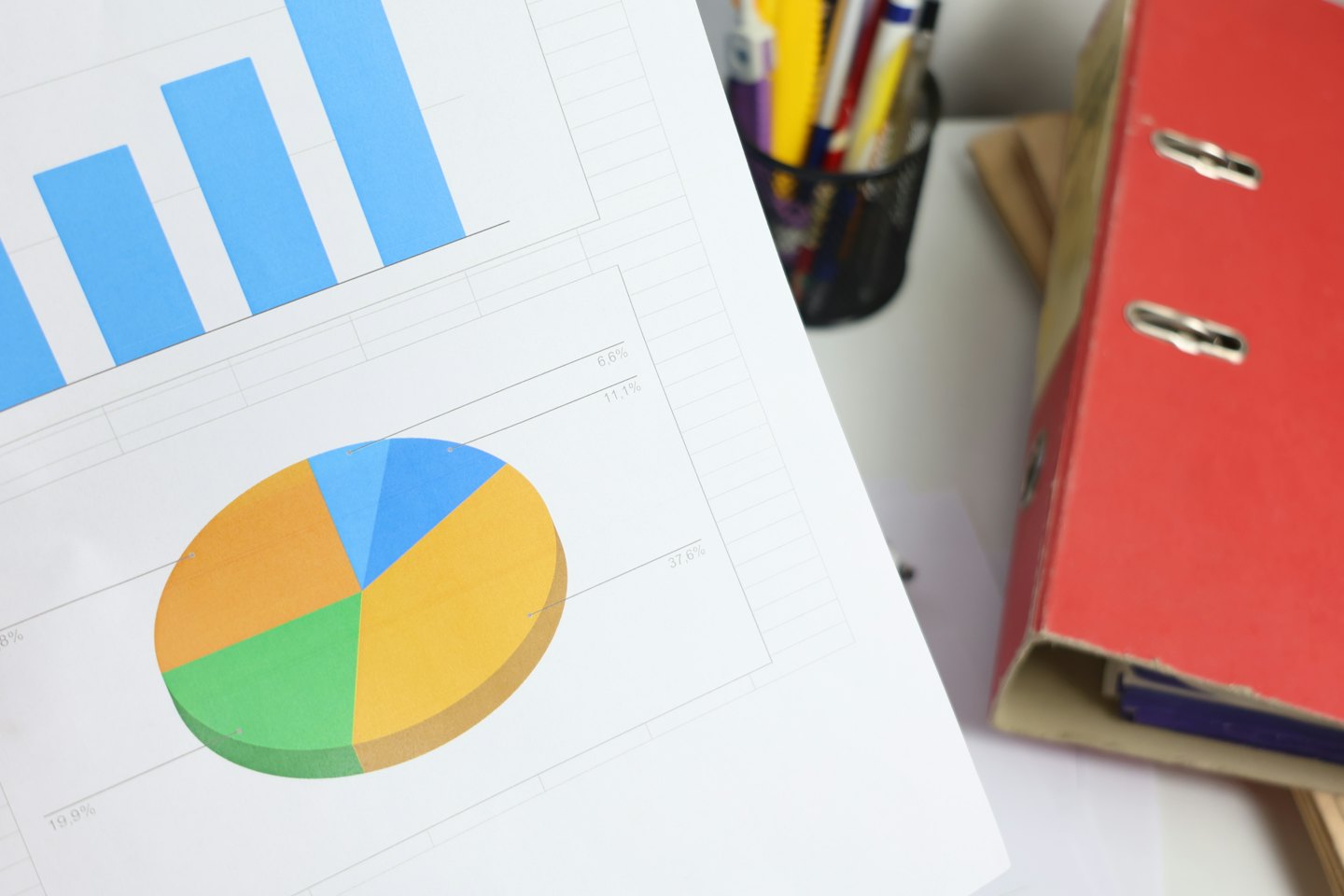 Grafici finanziari su carta su una scrivania d'ufficio.