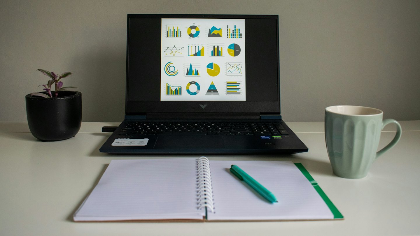 Un laptop con grafici aziendali su una scrivania con una pianta e una tazza.